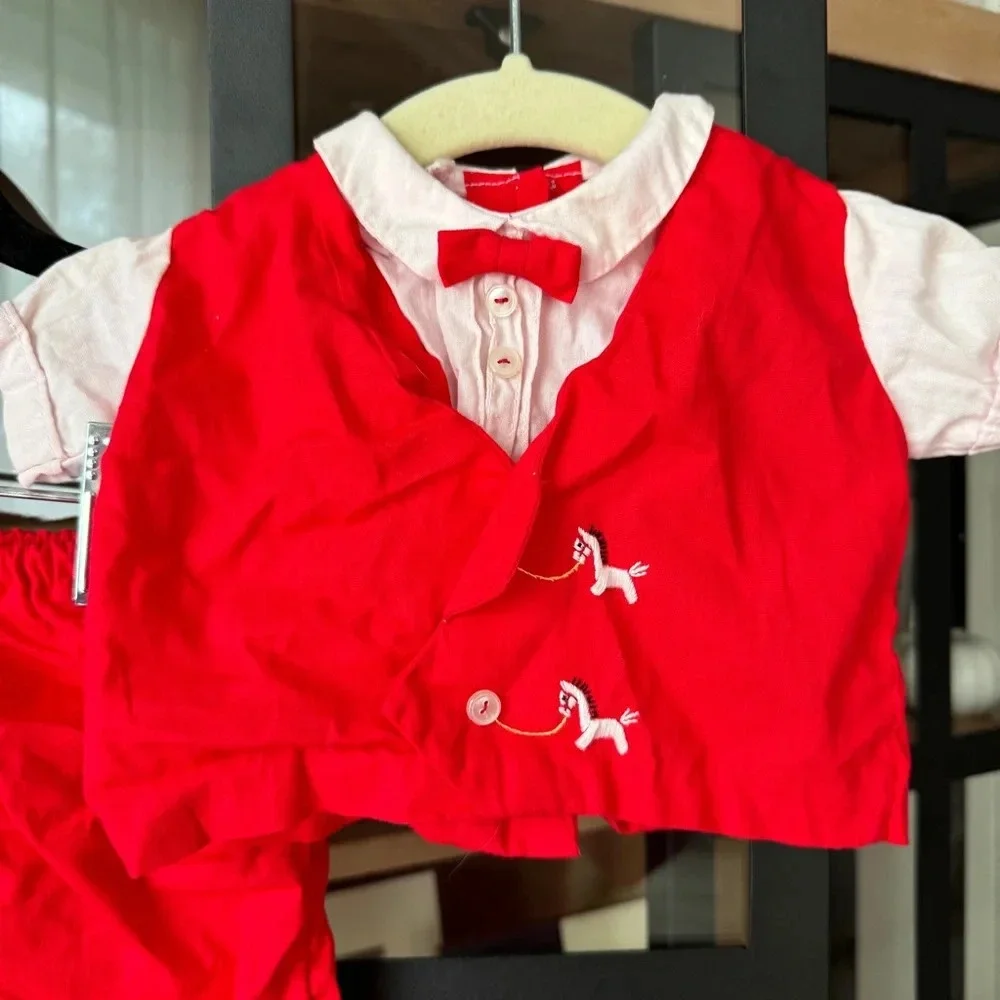 Vintage 1950s baby boy outfit matching set embroidered rocking horse shorts top